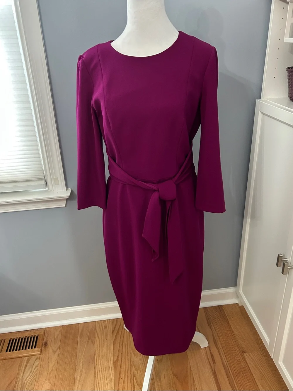 Adrianna Papell Magneta Purple Tie Waist Dress 3/4 Sleeve Sheath Size 8 Event